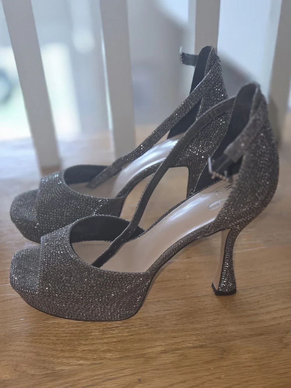 Mix No. 6 Gunmetal Glitter Strappy Peep-Toe Heels